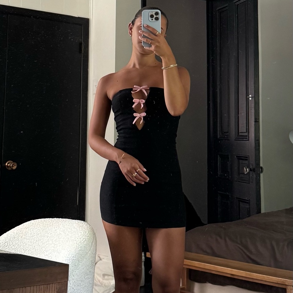 Motel Rocks Novara Mini Dress in Black with Pink Bow